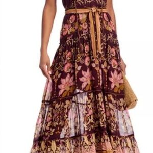 FARM Rio Burgundy Floral Tiered Maxi dress Anthropologie Boho sleeveless